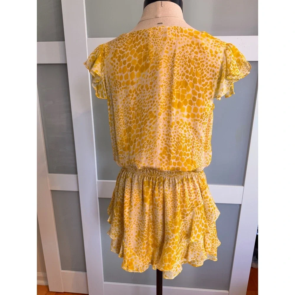 Ramy Brook M Silk Yellow Animal Print Ruffle Simone Mini Dress Pleated Smocked